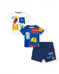 Conjunto para niño con dos camisetas y pantalón corto azul