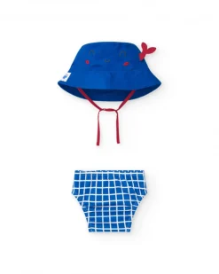 Conjunto para niño con gorro azul bordado y culetín de cuadros blancos