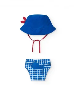 Conjunto para niño con gorro azul bordado y culetín de cuadros blancos