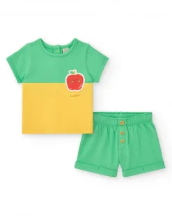 Conjunto para niño en verde y amarillo con camiseta bordada de manzana y pantalón corto