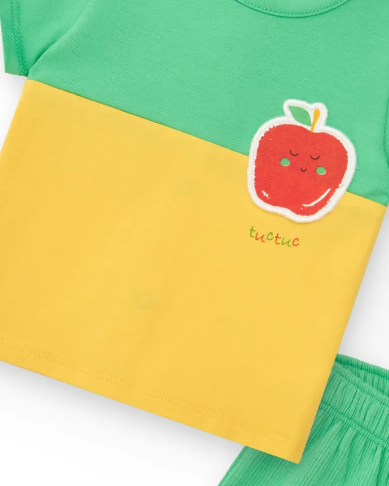 Conjunto para niño en verde y amarillo con camiseta bordada de manzana y pantalón corto