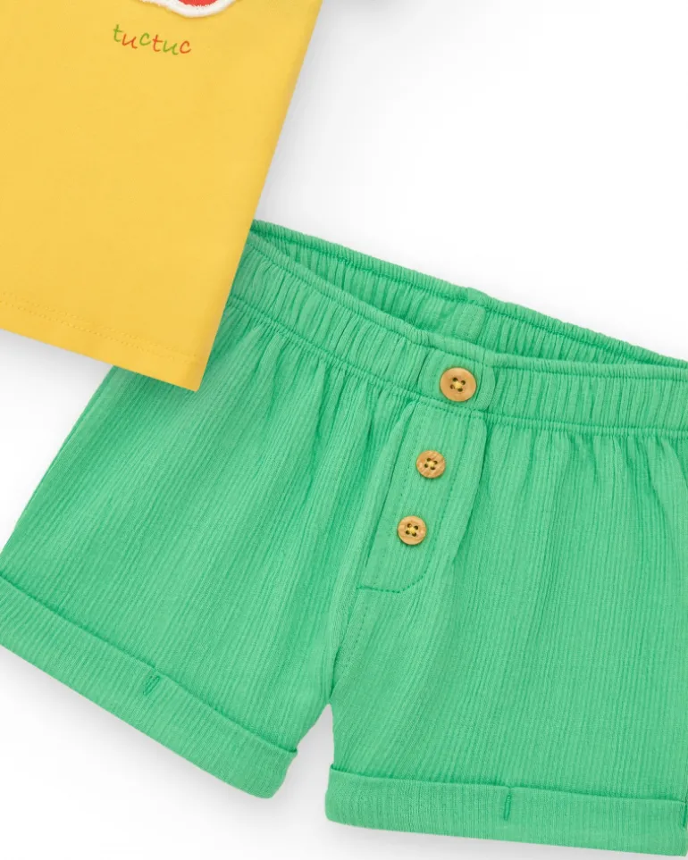 Conjunto para niño en verde y amarillo con camiseta bordada de manzana y pantalón corto
