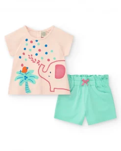 Conjunto rosa para niña con camiseta de elefante y pantalón corto verde