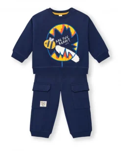 Conjunto sudadera y pantalón felpa cargo niño en azul marino con estampado de abeja colección