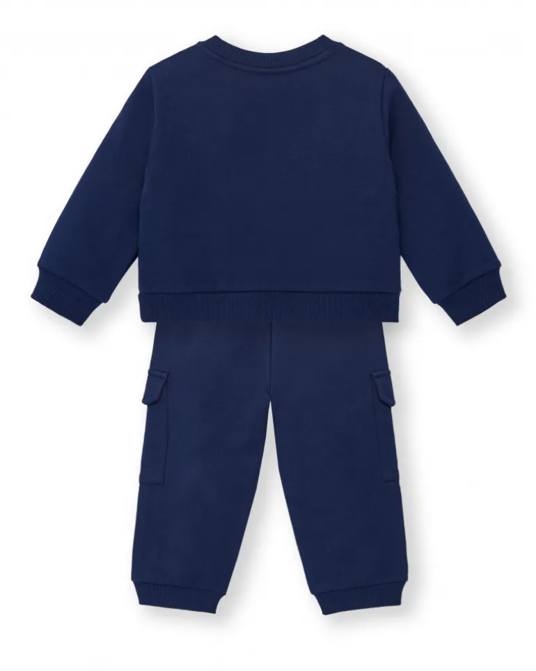 Conjunto sudadera y pantalón felpa cargo niño en azul marino con estampado de abeja colección