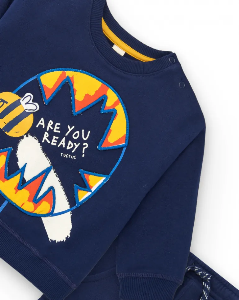 Conjunto sudadera y pantalón felpa cargo niño en azul marino con estampado de abeja colección