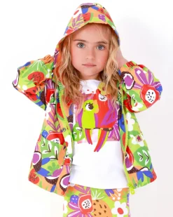 Cortavientos para niña con estampado de frutas y capucha