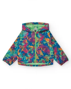 Cortavientos para niña con estampado tropical con capucha y cremallera