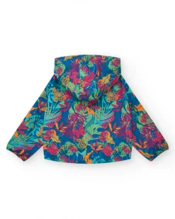Cortavientos para niña con estampado tropical con capucha y cremallera