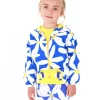 Cortavientos para niña en azul con flores y detalles amarillos