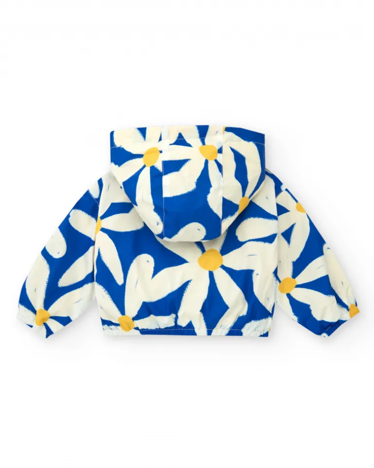 Cortavientos para niña en azul con flores y detalles amarillos