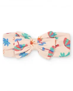 Diadema de punto para niña rosa con estampado tropical de palmeras y soles