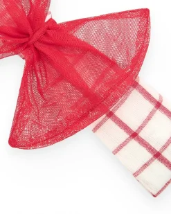 Diadema de punto para niña con cuadros rojos y blancos y lazo de tul
