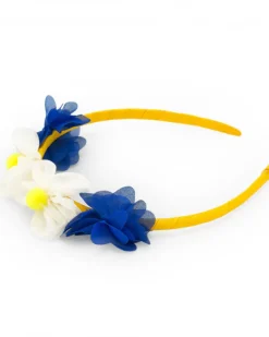 Diadema rígida para niña en amarillo con flores azules y blancas