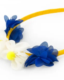Diadema rígida para niña en amarillo con flores azules y blancas