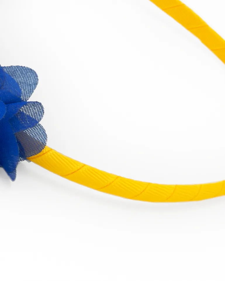 Diadema rígida para niña en amarillo con flores azules y blancas