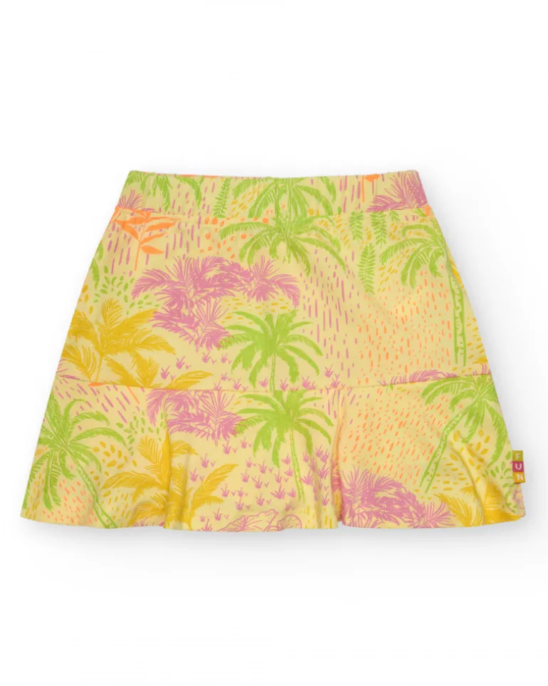 Falda para niña en amarillo con estampado tropical y cintura elástica