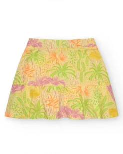 Falda para niña en amarillo con estampado tropical y cintura elástica
