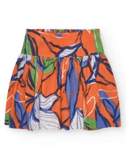 Falda para niña en naranja con cintura elástica y estampado floral