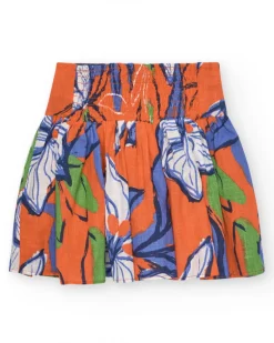 Falda para niña en naranja con cintura elástica y estampado floral