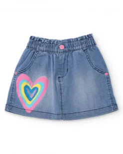 Falda vaquera para niña en azul con estampado de corazón
