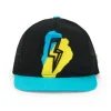 Gorra para niño en negro con detalles en azul y amarillo y rayo frontal