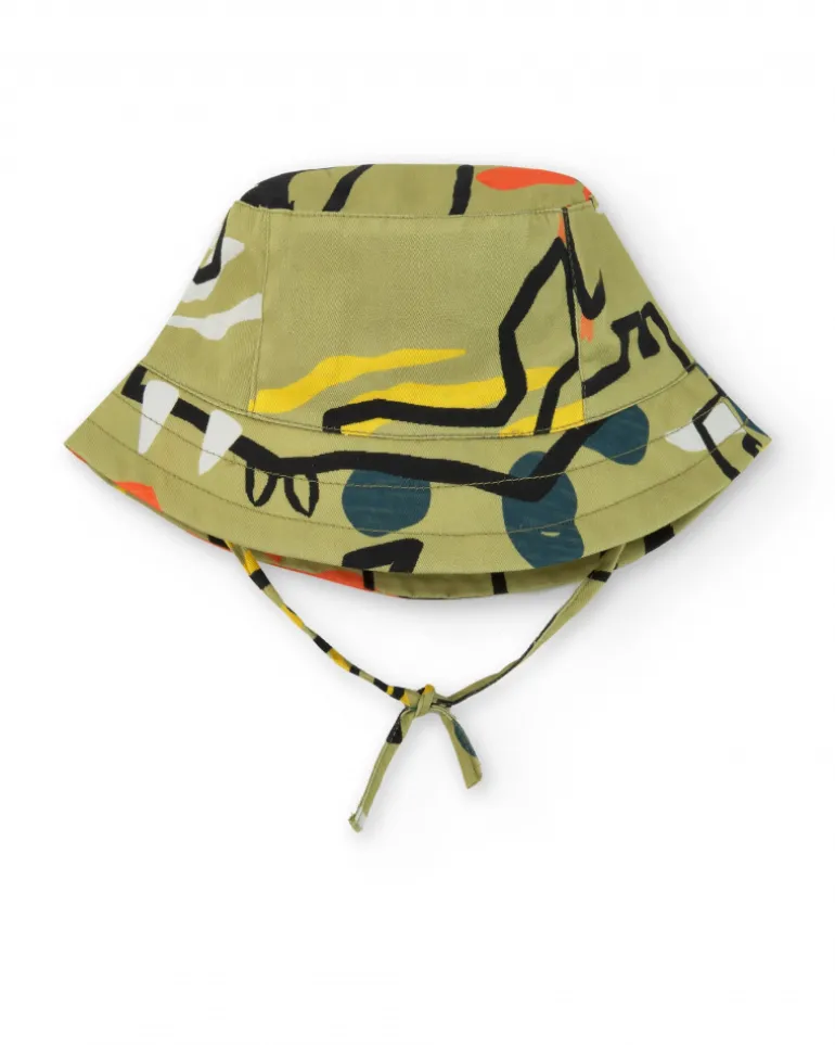 Gorro caqui para niño con estampado en tonos verdes y tiras ajustables