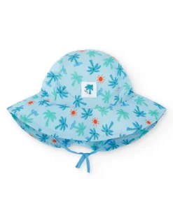 Gorro de plana para niño azul con estampado de palmeras, olas y soles
