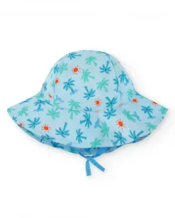 Gorro de plana para niño azul con estampado de palmeras, olas y soles