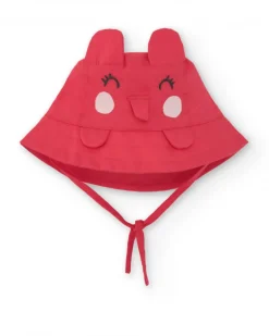 Gorro de plana rojo para niña con orejas aplicadas y diseño bordado
