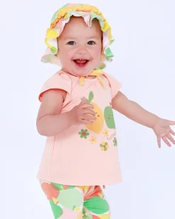 Gorro multicolor para niña con frutas y volantes amarillos