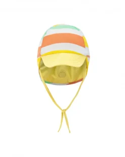 Gorro para niño a rayas en amarillo, naranja, verde y blanco con visera y cintas de ajuste