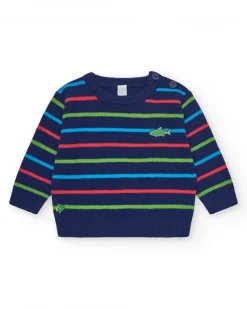 Jersey para niño en azul marino con rayas y tiburón bordado