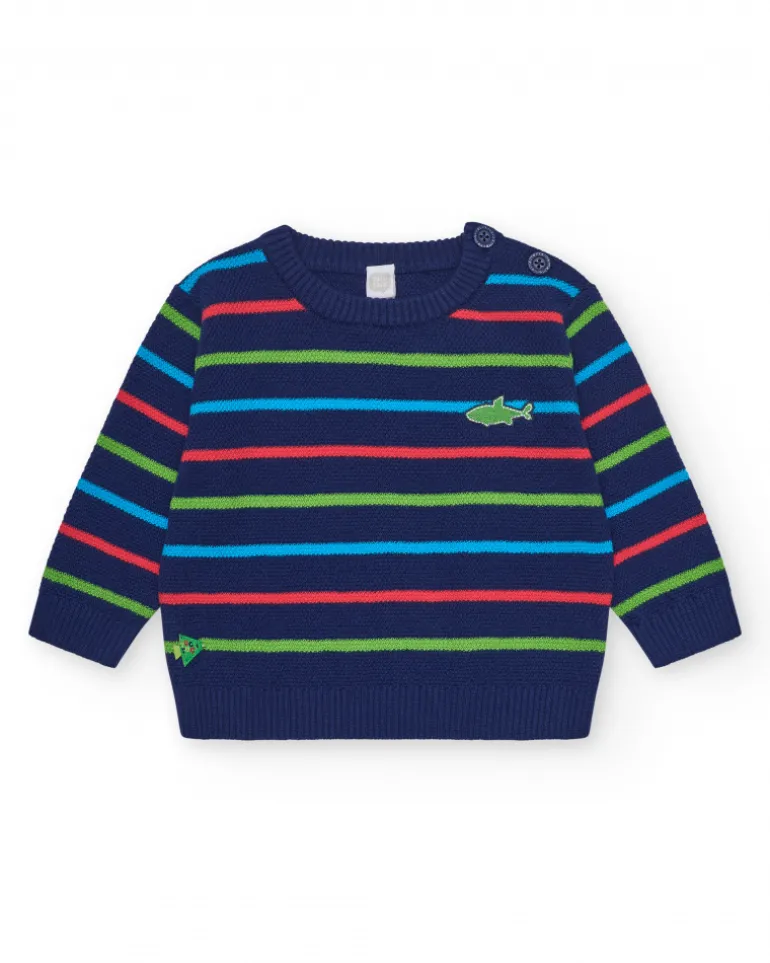 Jersey para niño en azul marino con rayas y tiburón bordado
