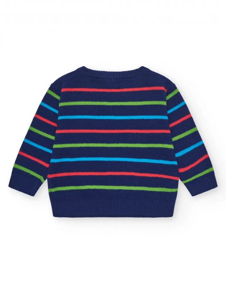 Jersey para niño en azul marino con rayas y tiburón bordado