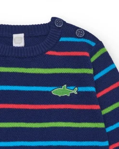 Jersey para niño en azul marino con rayas y tiburón bordado