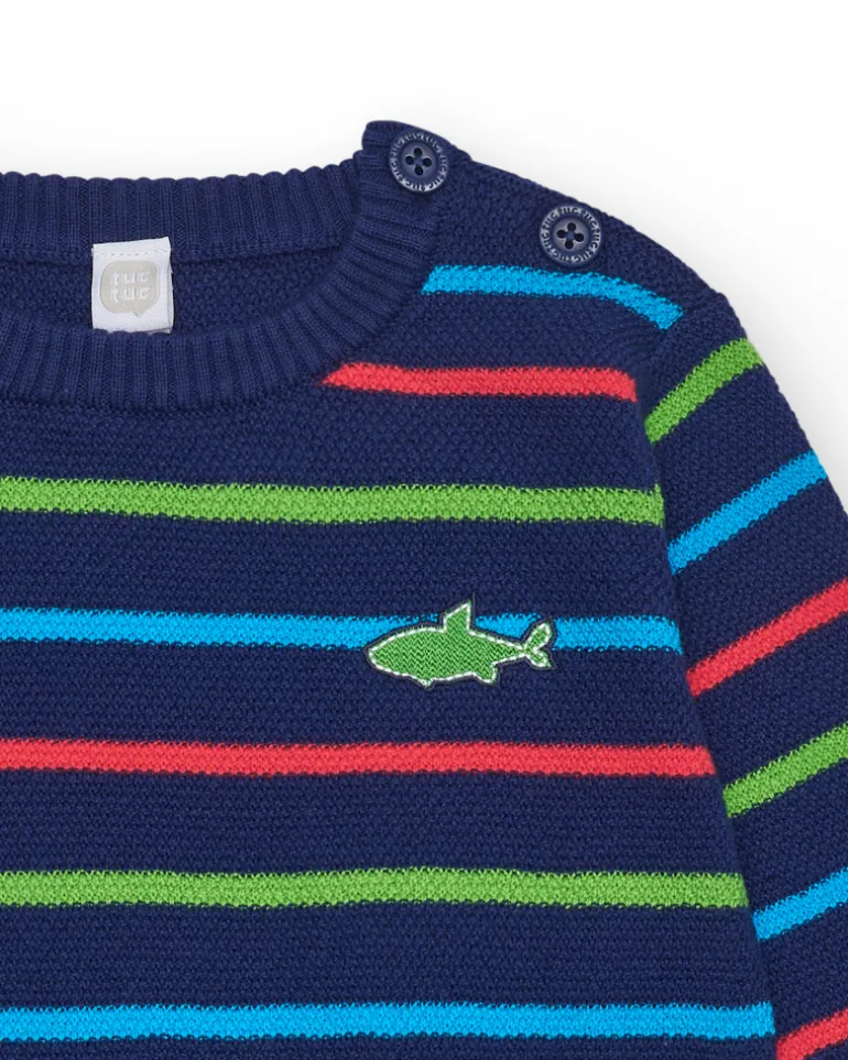 Jersey para niño en azul marino con rayas y tiburón bordado