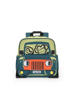Mochila para niño con diseño de coche y monos en verde, naranja y negro
