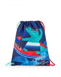 Mochila para niño en azul con estampado de cocodrilo surfeando