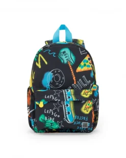 Mochila para niño en negro con estampado de guitarras, pizza y estrellas