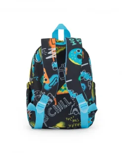 Mochila para niño en negro con estampado de guitarras, pizza y estrellas