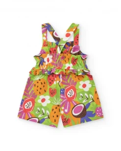 Mono corto para niña con tirantes cruzados y estampado de frutas