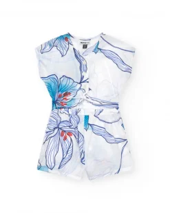 Mono corto para niña en blanco con cintura elástica y estampado floral