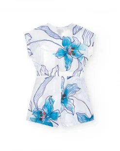 Mono corto para niña en blanco con cintura elástica y estampado floral