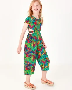 Mono para niña con estampado tropical, botones frontales y aberturas laterales