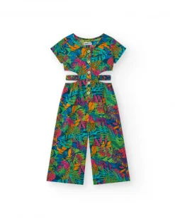 Mono para niña con estampado tropical, botones frontales y aberturas laterales