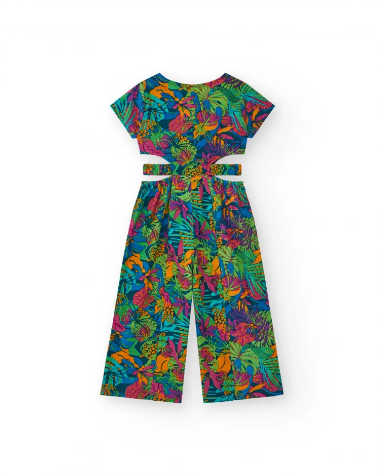 Mono para niña con estampado tropical, botones frontales y aberturas laterales
