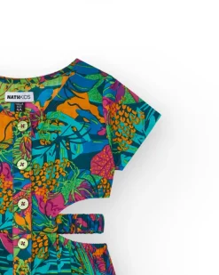Mono para niña con estampado tropical, botones frontales y aberturas laterales