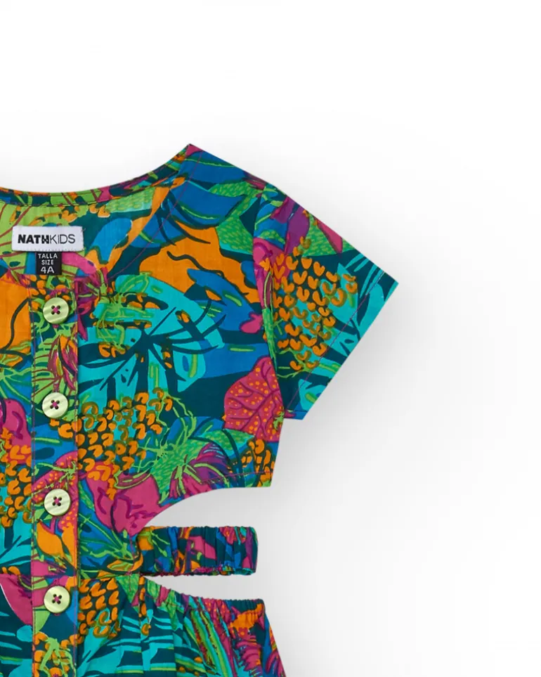 Mono para niña con estampado tropical, botones frontales y aberturas laterales