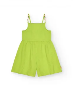 Mono para niña en verde con tirantes y detalles multicolor